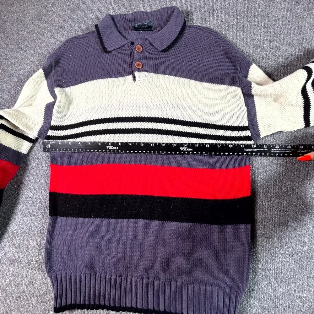 Cross Bay Mens M Blue Striped Rugby Sweater Acrylic Tight Knit Pullover Collared